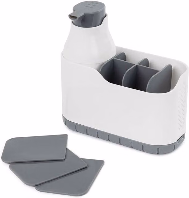 LIVIVO 2-in-1 Sink Caddy and Foam Soap Dispenser with Drainage, White Plastic Organiser for Kitchen and Bathroom