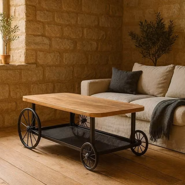 Wyld Haus Shanghai Oak Top Coffee Table with Matte Black Frame in Brown, W/D/H: 55 x 55 x 45 cm – 1