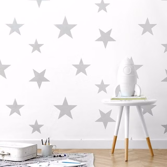 Hibou Design Stars Geometric Non-Woven Wallpaper in Silver and White