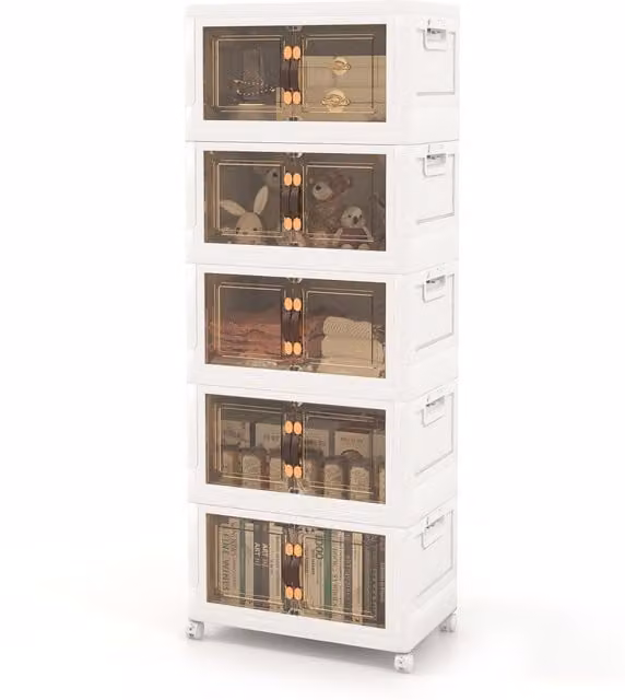Costway White Collapsible and Stackable Plastic Storage Bins with Lids and Wheels