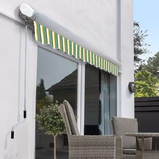 Primrose Full Cassette Electric Patio Awning with Green Striped Canopy, W: 500 cm, D: 300 cm