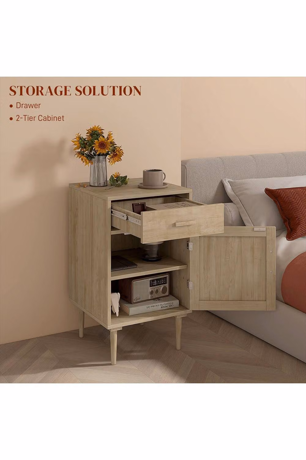 ERGOVEXA Rattan Bedside Table with Drawer in Natural Wood, Brown and Beige, W/D/H: 40 x 40 x 68.5 cm – 2