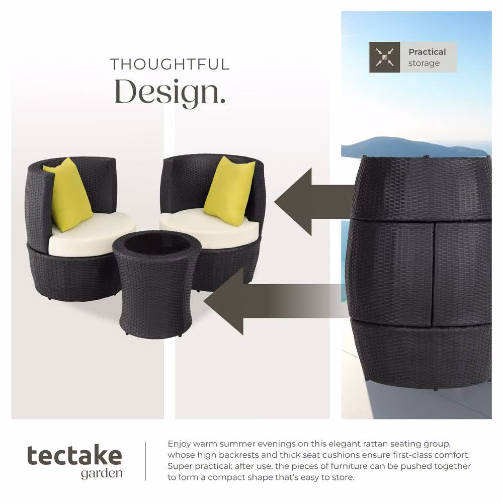tectake Nizza Modern Polyrattan Garden Seating Set in Black with 2-Seater Sofa, Armchairs, Coffee Table and Upholstered Cushions – 4