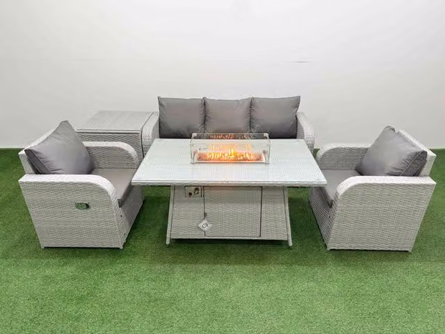 Fimous PE Rattan Garden Furniture Set in Light Grey with Reclining Chairs, Sofa, Firepit, Dining Table and Side Table