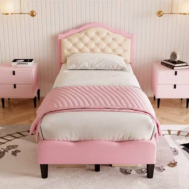 Aosom Single Wood Bed with Adjustable Padded PU Upholstered Headboard for Kids, Beige and Pink, L 199.5 x W 92.0 x H 109.5 cm