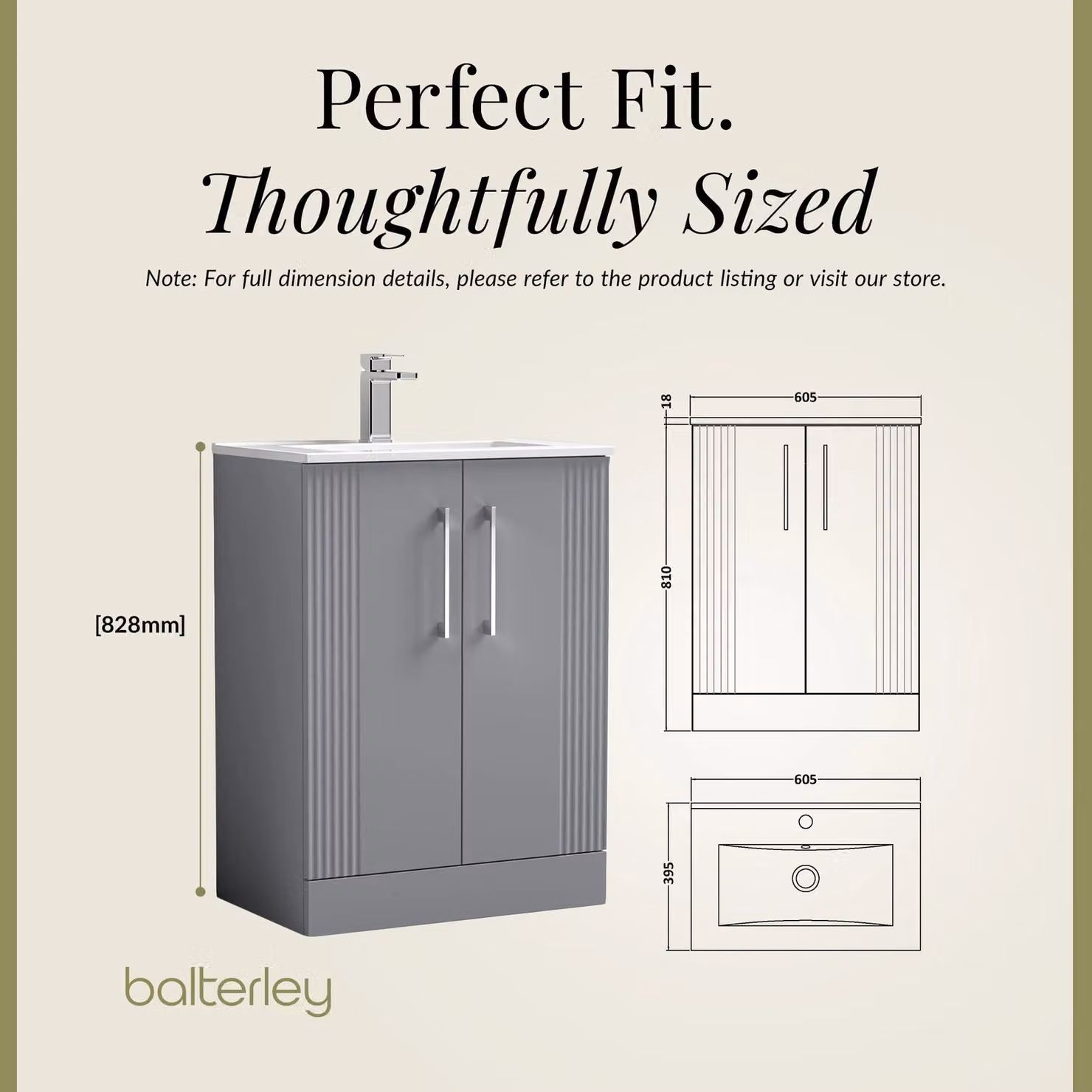 Balterley Grey Floor Standing Bathroom Vanity Unit with Rectangular Basin and Soft Close 2 Doors – 4