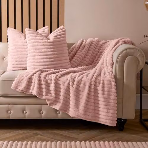OHS Pink Ribbed Faux Fur Cushion Covers, Pack of 2, W/D/H: 45 x 45 x 45 cm – 3