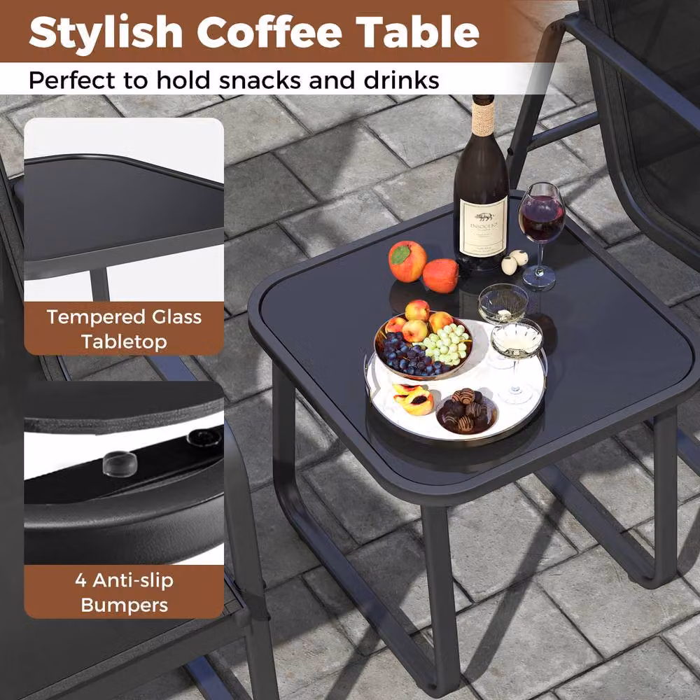 Costway 3 Piece Outdoor Bistro Patio Conversation Set with Tempered Glass Table in Black – 5