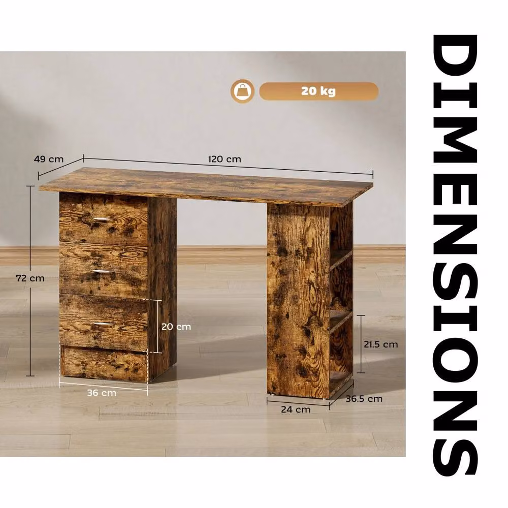 FURNOS Industrial Rustic Computer Desk with 3 Drawers and Shelves, Brown, W: 120 cm, D: 49 cm, H: 72 cm – 6