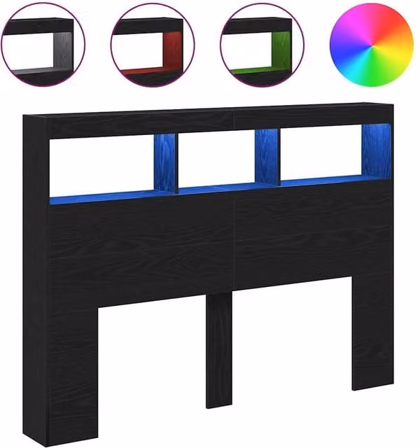 Berkfield Home Modern Headboard Cabinet with LED Lighting and USB Charging Port in Black Oak, W/D/H: 140 x 17 x 102 cm