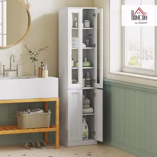 HOMCOM 6-Tier Tall Bathroom Storage Cabinet in White with Soft-Close Hinged Doors, W/D/H: 38 x 26 x 160 cm – 2