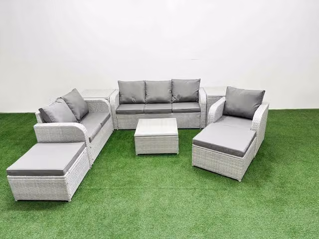 Fimous Patio 8 Seater Grey PE Wicker Rattan Outdoor Furniture Set with Square Coffee Table, Reclining Chairs, Loveseat and 3 Seater Sofa