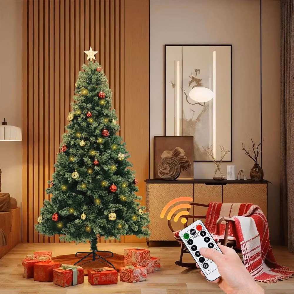 London Boutique 7ft Green PVC Hinged Artificial Christmas Tree with Star Topper – 3