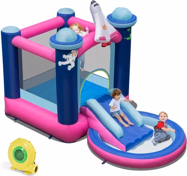 COSTWAY Inflatable Bouncy Castle Play Centre with Slide for Children, Blue and Multicolour, W/D/H: 450 x 360 x 130 cm