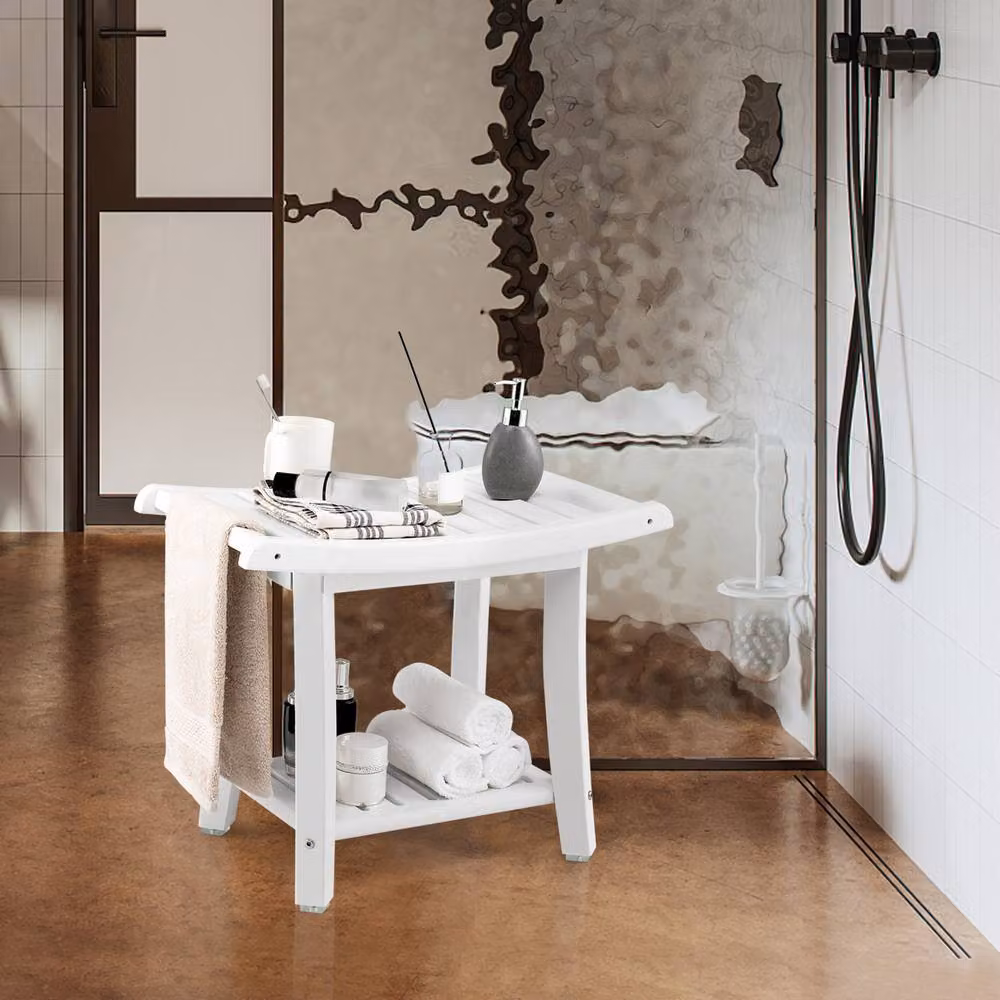 CASART White Bathroom Shower Bench with Shelf and Non-Slip Drainage Seat – 7
