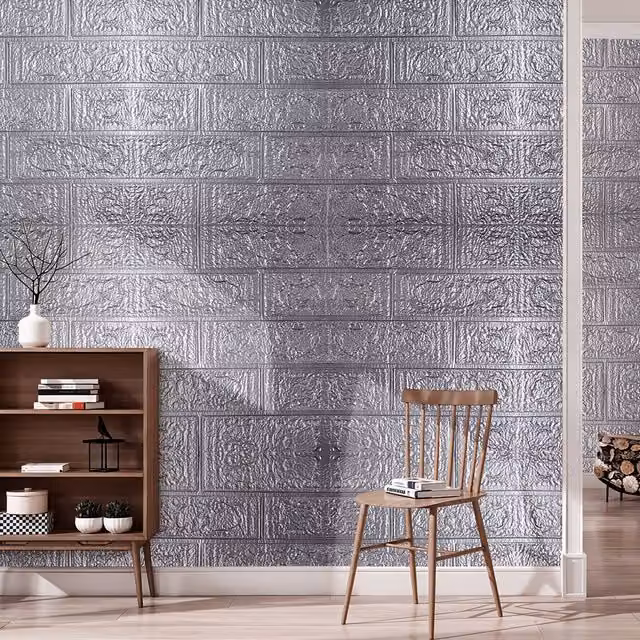 Lifeideas 15 Piece Silver Brick Effect Self-adhesive Washable Stone Look Wallpaper