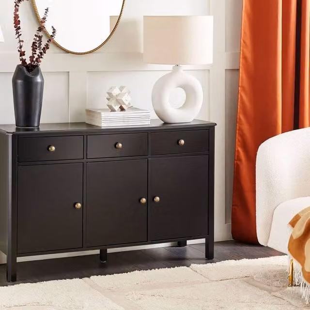 Wyld and Coco 3-Door Retro Sideboard in Black MDF with Pine Legs and Gold Knobs – 1