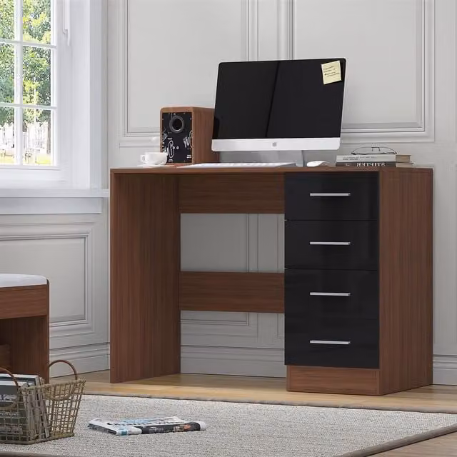 Reflect 4 Drawer High Gloss Desk in Black Gloss and Walnut, H: 72 cm x W: 99 cm x D: 39.5 cm – 1