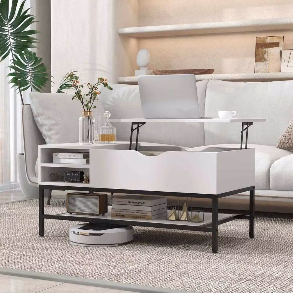 Kelvenix Modern White Lift Top Coffee Table with Metal and MDF Construction – 2