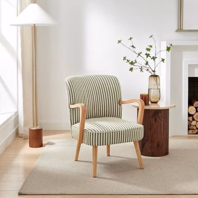 FurnitureboxUK Sylvie Mid-Century Green Fabric Accent Chair with Oak Effect Rubberwood Legs – 1