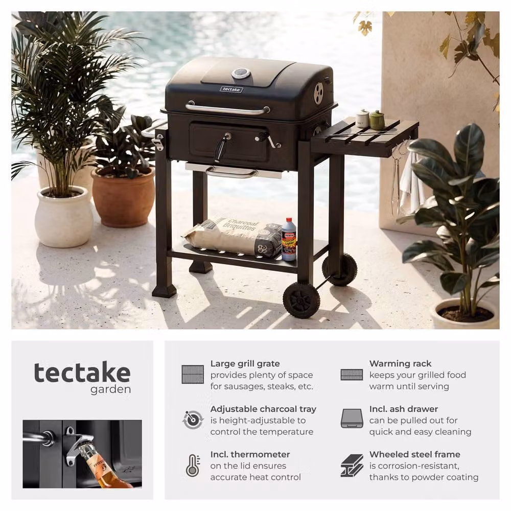 tectake Florian Charcoal Grill in Black with Wheels, Warming Rack and Thermometer, W/D/H: 110 x 64 x 104 cm – 2