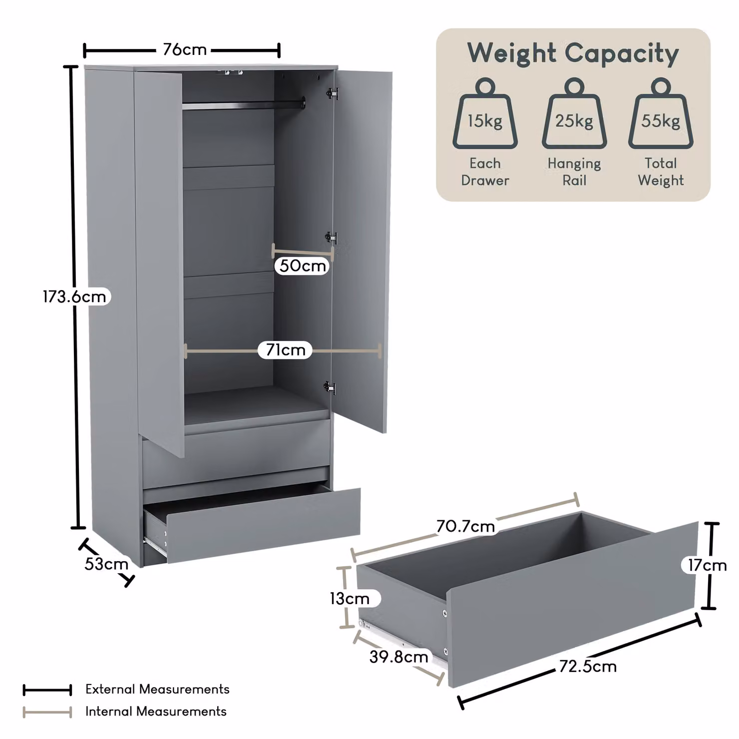 Vida Designs Denver 2 Door Wardrobe with Drawers in Grey MDF – 2