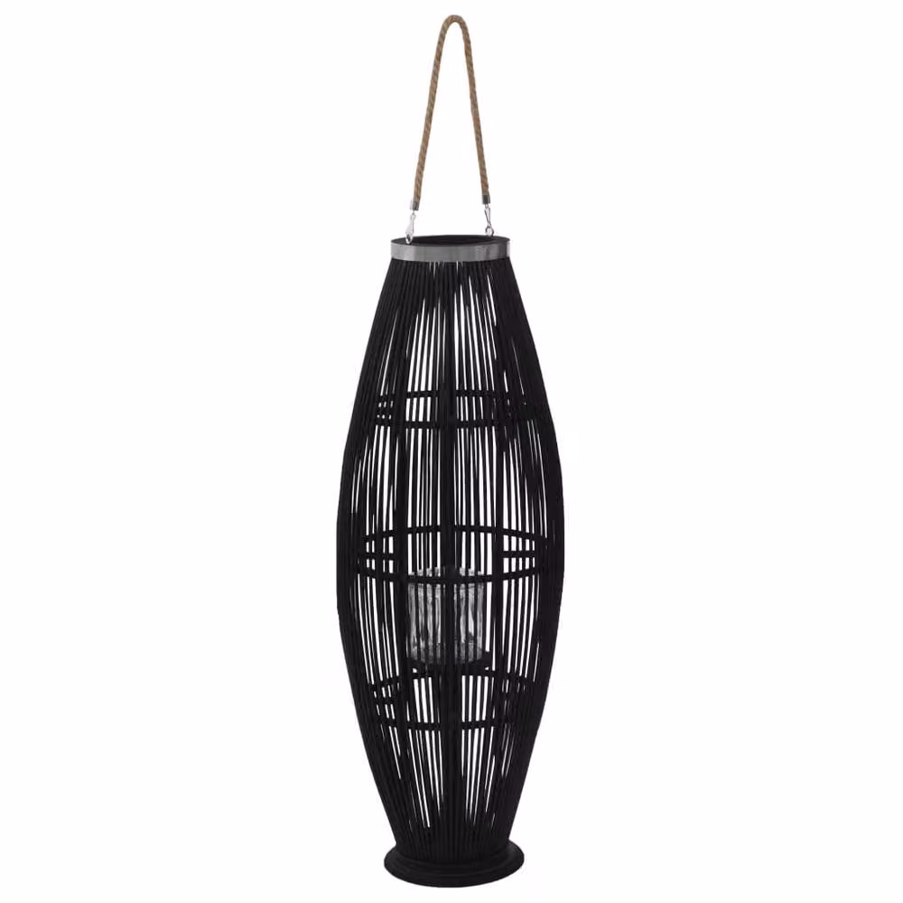 Berkfield Home Hanging Bamboo Candle Lantern Holder in Black with Glass, Height: 95 cm – 2