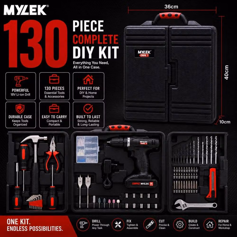 MYLEK 18V Cordless Li-ion Drill and 130 Piece DIY Home Kit with Carry Case in Black – 4