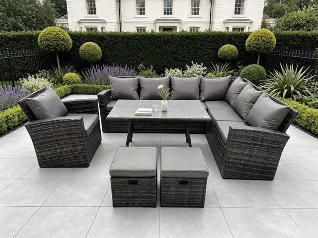 Fimous 6 Seater Rattan Garden Dining Set with Rectangular Glass Top Table in Grey – 1