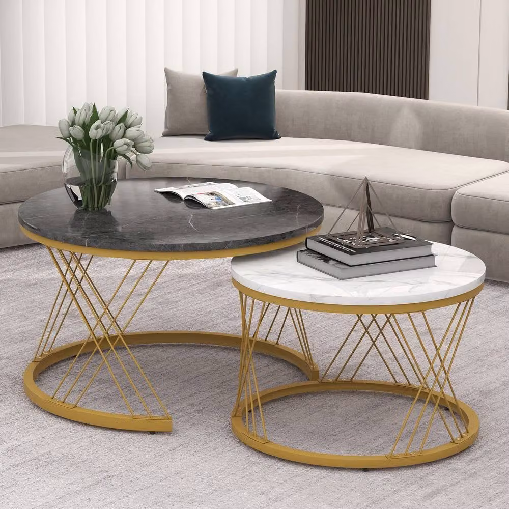 STILVORA Modern Nesting Coffee Table Set with Round MDF Laminate Tops and Metal Frame in White, Black and Gold – 1