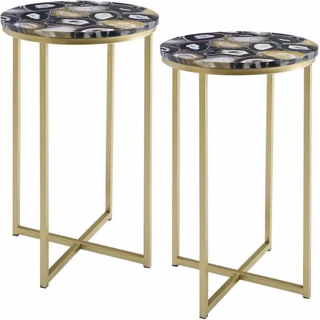 VOGREX Set of 2 Round Faux Stone Glam Side Tables in Black and Gold, Diameter: 40.64 cm – 1