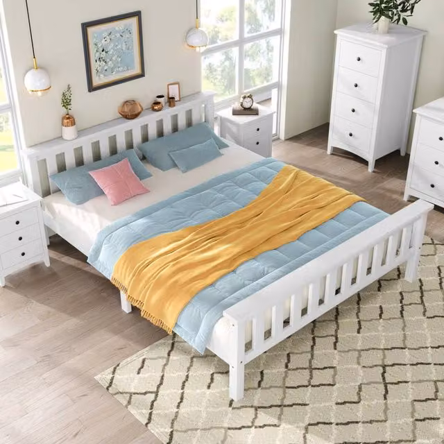BTM White Solid Pine Double Wooden Bed Frame, W/D/H: 140 x 190 x 82 cm