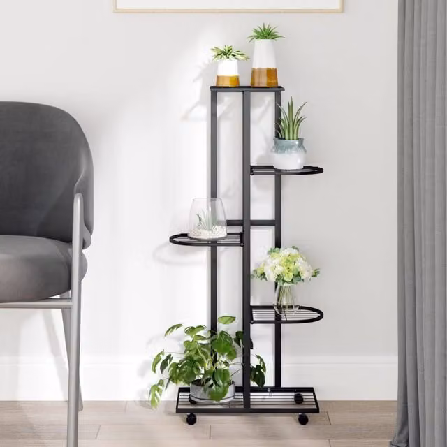 Berkfield Home 5-Tier Metal Flower Stand with Wheels in Black, W/D/H: 44 x 23 x 100 cm – 1