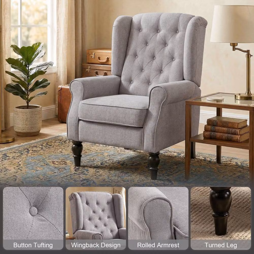 ERGOVEXA Retro Fabric Tub Accent Chair with Armrests and Solid Wood Frame, Grey, H 86.0 x W 74.0 x D 102.0 cm – 6