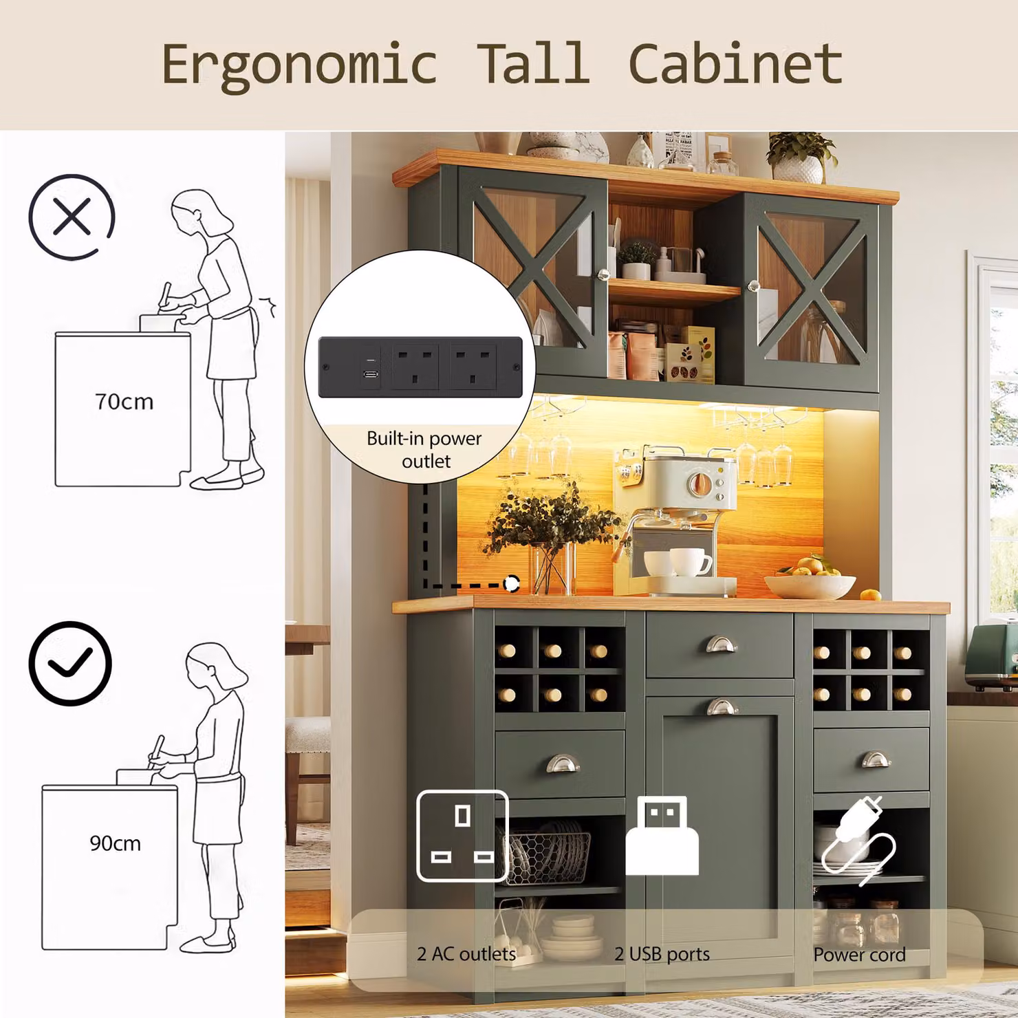Aosom UK Tall Kitchen Cabinet with Glass Doors and LED Lighting in Antique Green, W/D/H: 45 x 45 x 188 cm – 6