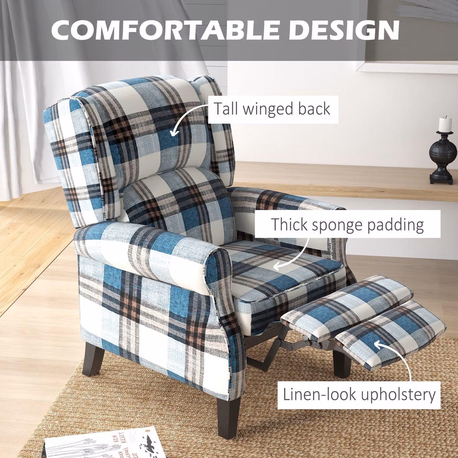 HOMCOM Blue Wingback Reclining Armchair with Integrated Footrest and Wood Legs – 5