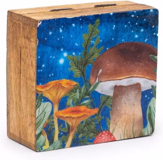 KDMD Small Enameled Square Mushroom Design Box, Maroon and Multicolour, W: 10 cm, D: 10 cm, H: 1.35 cm