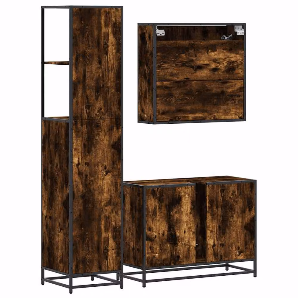 Berkfield Home 3-Piece Industrial Bathroom Furniture Set in Smoked Oak Brown, including Mirror Cabinet, Vanity Unit and Tall Cabinet – 5
