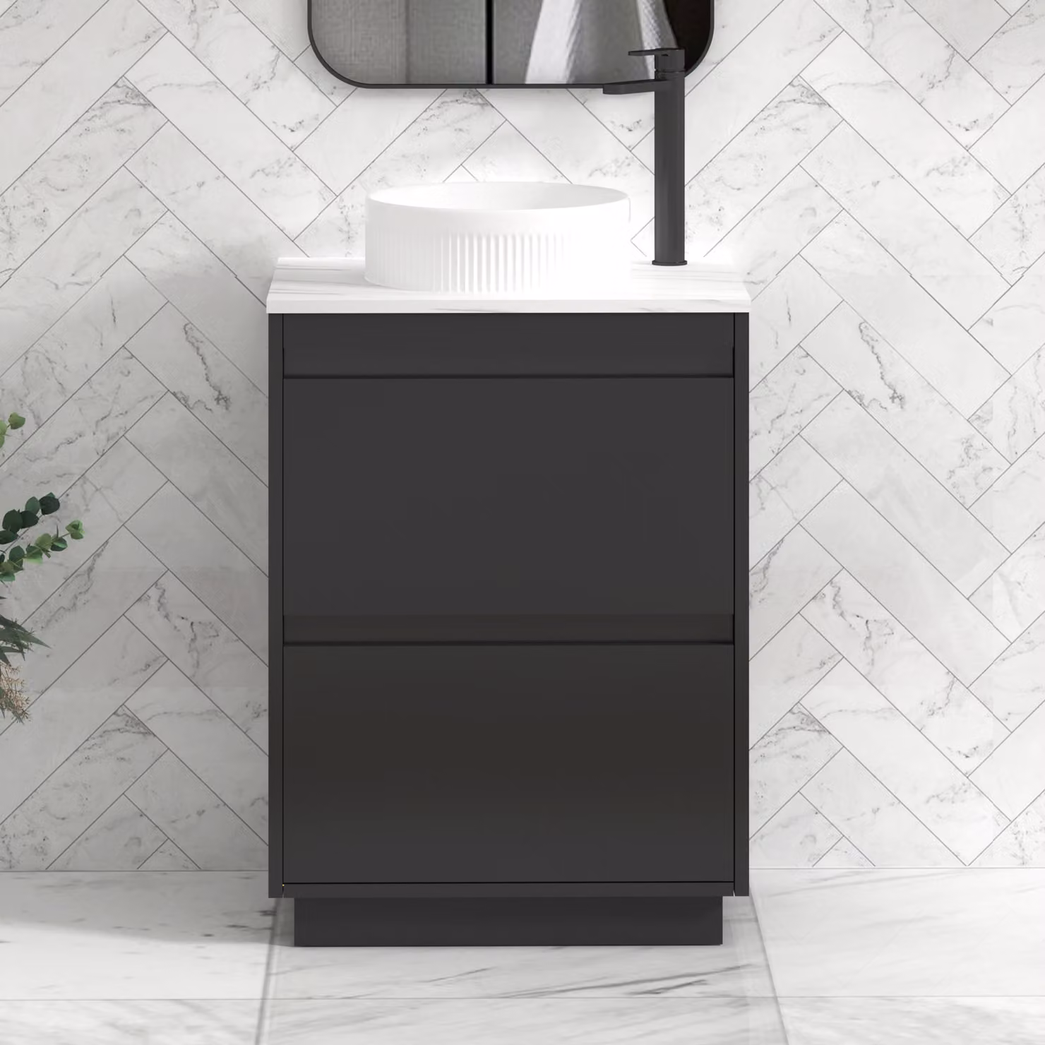 Royal Bathrooms Orion 800mm Matt Obsidian Black Floor Standing Countertop Vanity Unit with 2 Drawers, Round Basin and Black Accent Trim