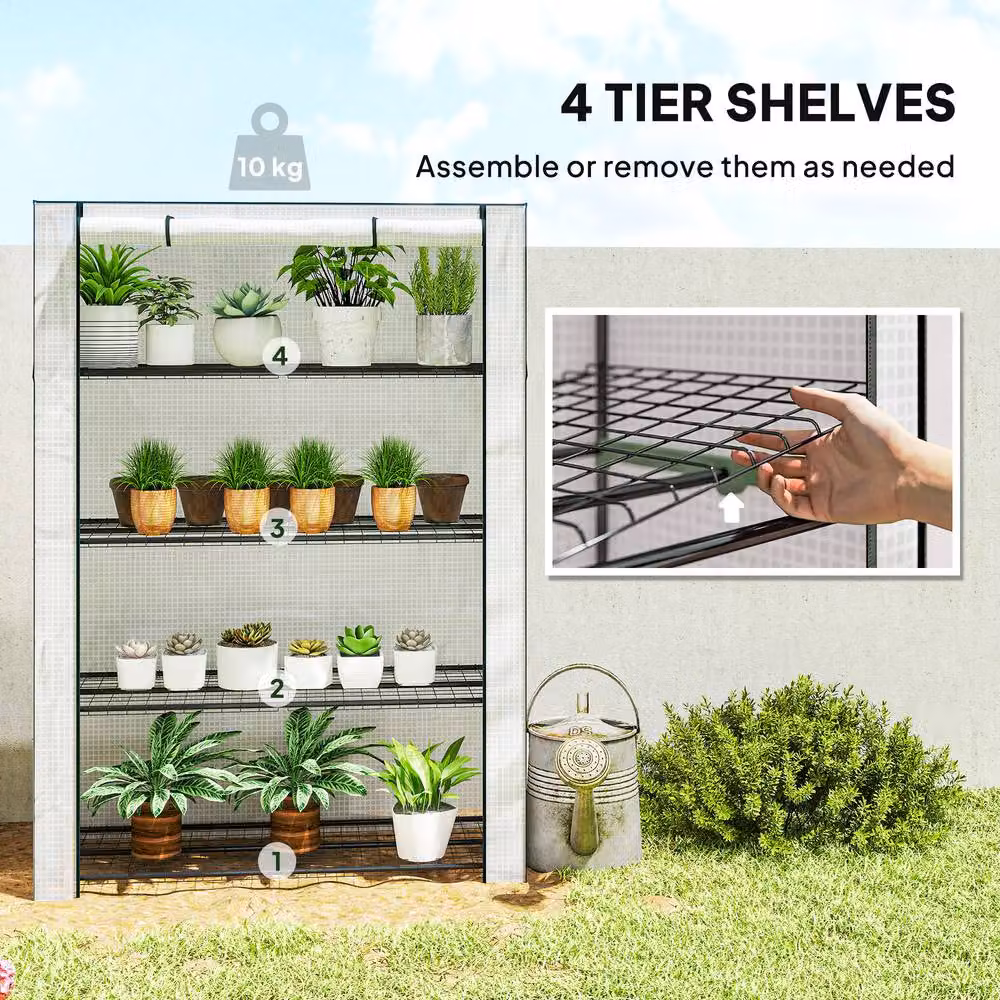 Outsunny 4 Tier Mini Greenhouse with PE Cover, White, H 170 x W 120 x D 50 cm – 4