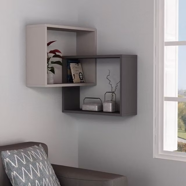 Decortie Ring Corner Wall Mounted Modern Bookcase Display Unit in Anthracite Grey, W/D/H: 60 x 60 x 68 cm – 1