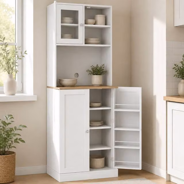 STILVORA Modern White Kitchen Tall Storage Cabinet with Glass Doors and Internal Shelves