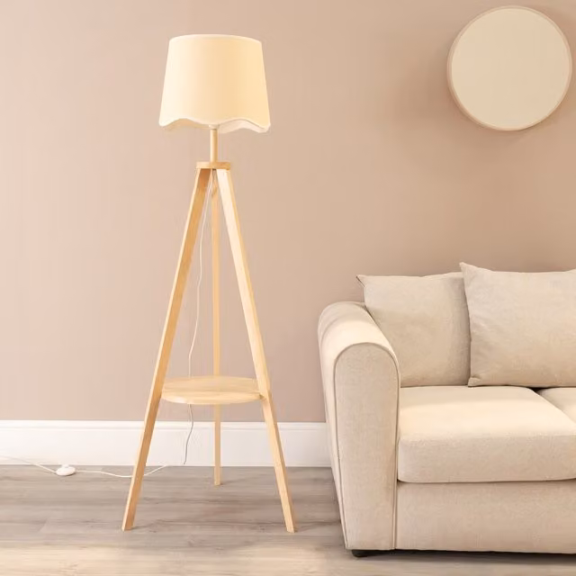 Morrigan Wood Tripod Floor Lamp with White Scallop Trim Fabric Shade