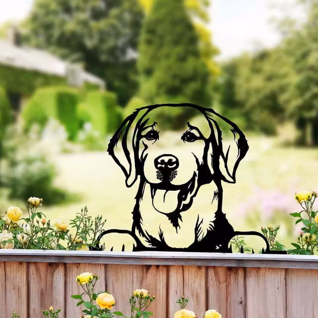 Betley Butterfly Peeking Dog Silhouette Fence Topper, Black Labrador Retriever