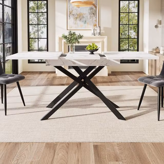 Aosom UK Extendable Dining Table with White Marbled MDF Top and Black Crossed Iron Legs, W/D/H: 120-160 x 80 x 76.5 cm