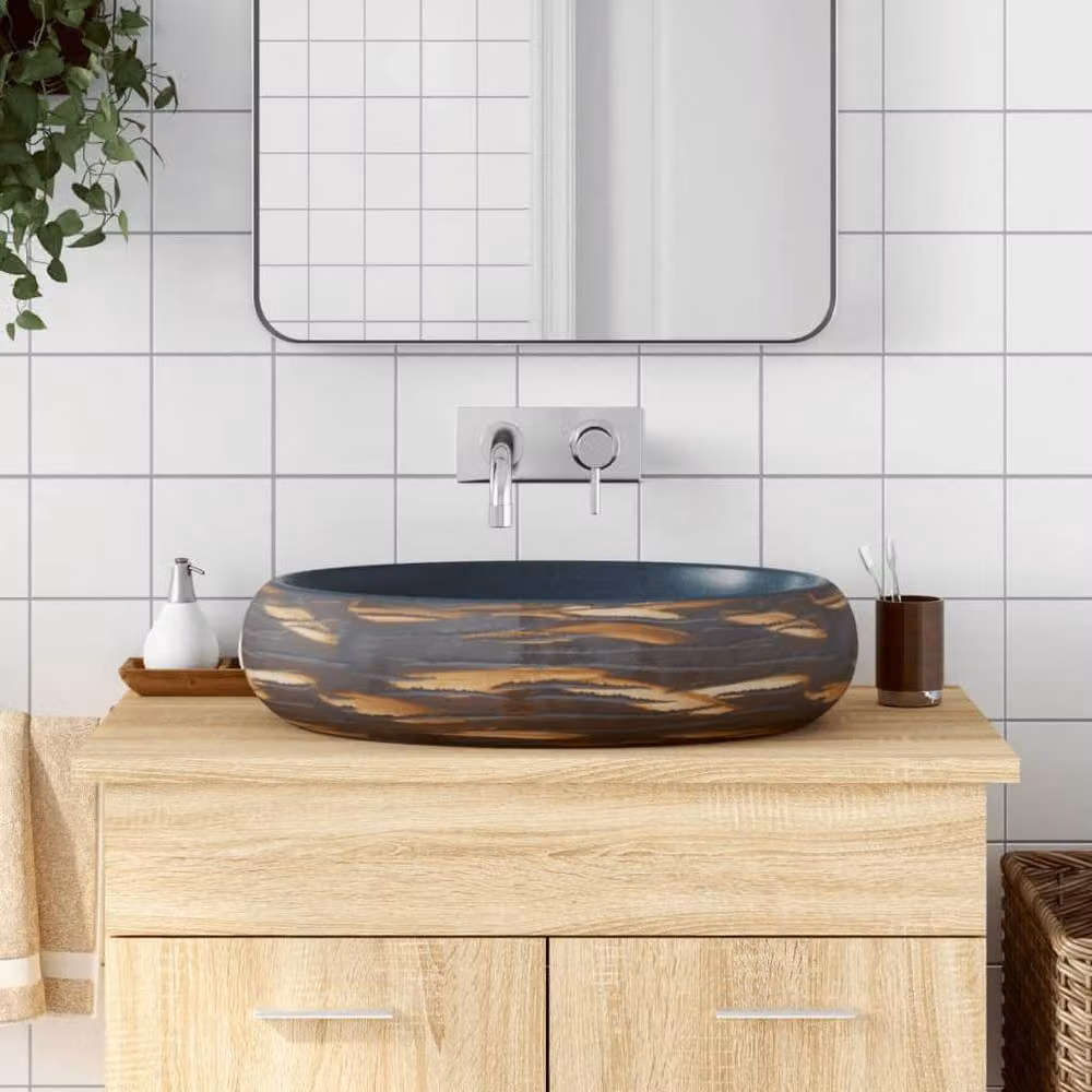 Berkfield Home Oval Ceramic Countertop Basin in Brown and Blue, W: 59 cm, D: 40 cm, H: 15 cm – 2