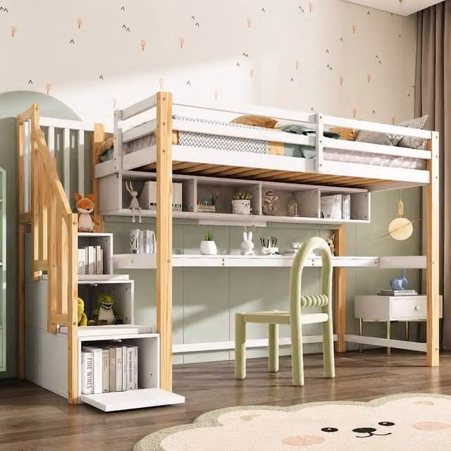 Merax Single Pine High Sleeper Bed with Desk, Storage Stairs and Side Compartments, White, W/D/H: 190 x 90 x 165 cm