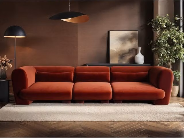 SolaceCo Maddox 4 Seater Orange Velvet Sofa with Scatter Cushions