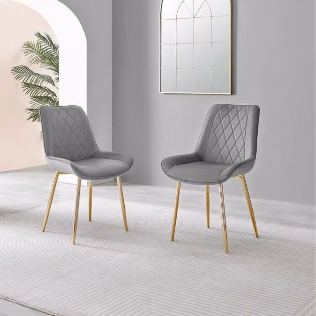 FurnitureboxUK Set of 2 Pesaro Grey Velvet Dining Chairs with Gold Metal Legs and Diamond Pattern