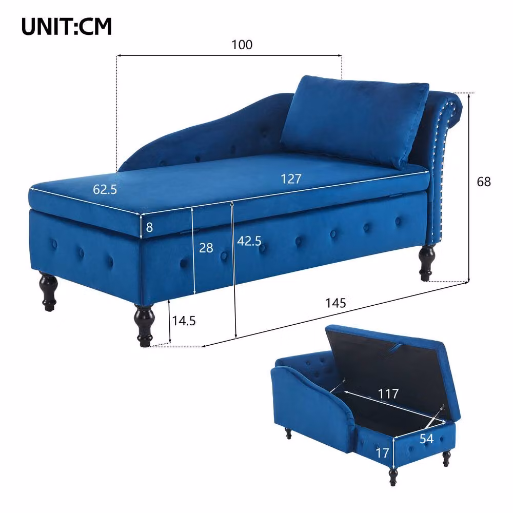 Rolipo Blue Velvet Chaise Lounge with Storage, Right Armrest and Scatter Cushions – 2